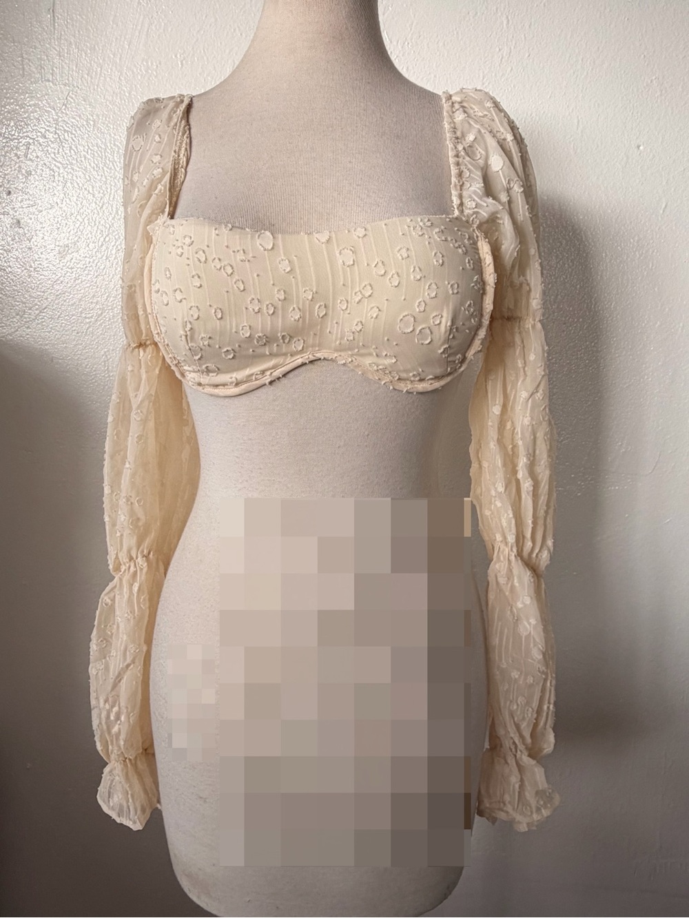 Forever 21 Cream Sheer Embroidered Long Sleeve Bandeau Top